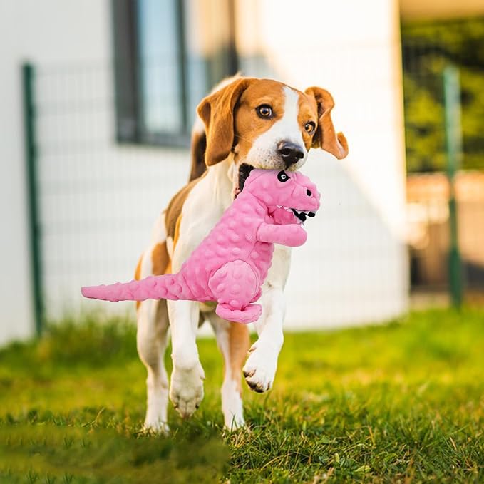 Andiker Dog Squeaky Toys, 8.66 in Plush Dogs Toy Soft Dogs Chew Toys in Dinosaur Shape for Chewing Biting Stuffed Dog Toys with a 3.93 in Squeaker and Crinkle Paper for All Puppy (Pink)