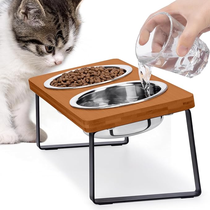 Elevated Cat Bowls for Food and Water - Loplurea 15° Tilted Raised Stainless Steel Cat Food Bowl with Brown Bamboo Stand and Anti Vomit Feeding Station for Indoor Kittens and Pet