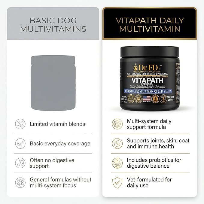 Dr. FD's VitaPath Dog Multivitamin, Vet-Formulated Soft Chews, 120 Count, Daily Vitamins with Antioxidants and Omegas for Skin and Coat, Energy and Healthy Aging, Natural Beef Flavor