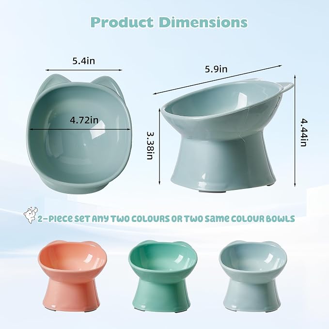KSIA Klear Elevated Cat Bowls 2 Pack, Tilted Raised Cat Bowls for Indoor Cats, for Food and Water, 4.72" Wide, Whisker Friendly Anti Vomit for Indoor Cats, Microwave and Dishwasher Safe, Blue&Green