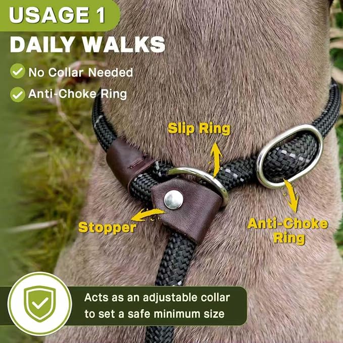 Fida Slip Leads for Dogs, 4 FT x 1/2" Dog Leash Heavy Duty Comfortable Strong Rope Lead for Large, Medium Dogs, No Pull Pet Training Leash with Highly Reflective, Black