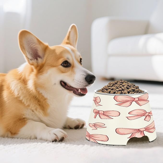 YETTASBIN Bow Pink Elevated Dog Bowls, Prevention of Vertebrae Disease Raised Dog & Cat Bowl Stand with Removable Stainless Steel Bowls, Non-Slip Spill-Proof Pet Food & Water Bowl Dish