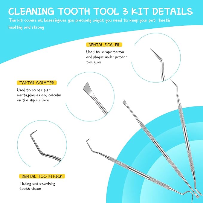 CHENGU 7 Count Dog Teeth Cleaning Kit Includes Tooth Scaler and Tarter Remover Scraper 3 Head Pet Toothbrush and Dog Finger Toothbrush Plaque Remover Tools(Classic Style,Black Yellow and Dark Green)