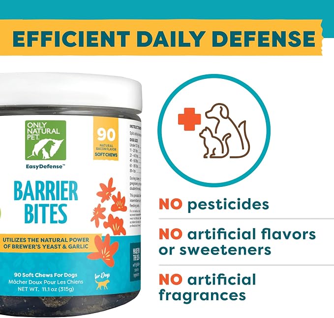 Only Natural Pet EasyDefense Barrier Bites Soft Flea Chews for Dogs - First Line of Defense Againts Fleas & Ticks, Boosts Immune System and Healthy Skin & Coat - (90 Bacon Flavored Soft Chews) 3 Pack