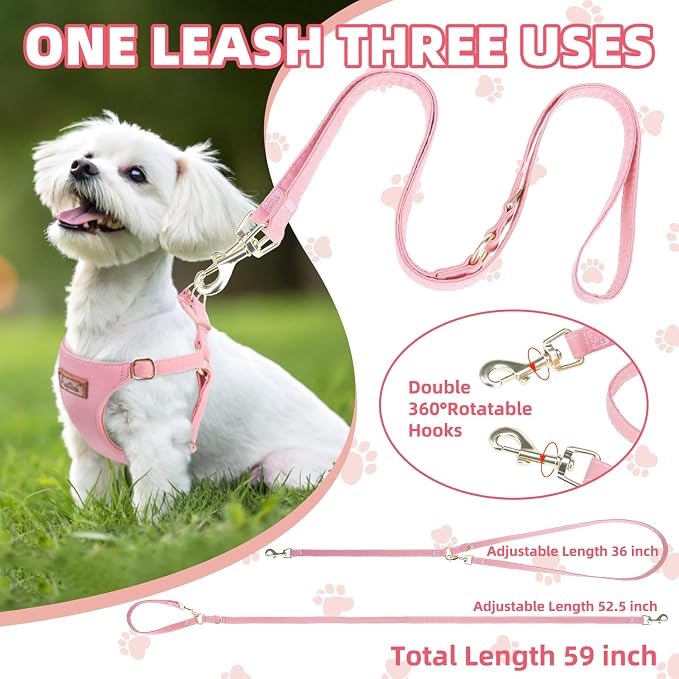 PUPTECK Dog Harness and Leash Set Small Sized, Lightweight Step-in Puppy Harness, Escape Proof No Pull Cute Pet Vest Harnesses, Pink S