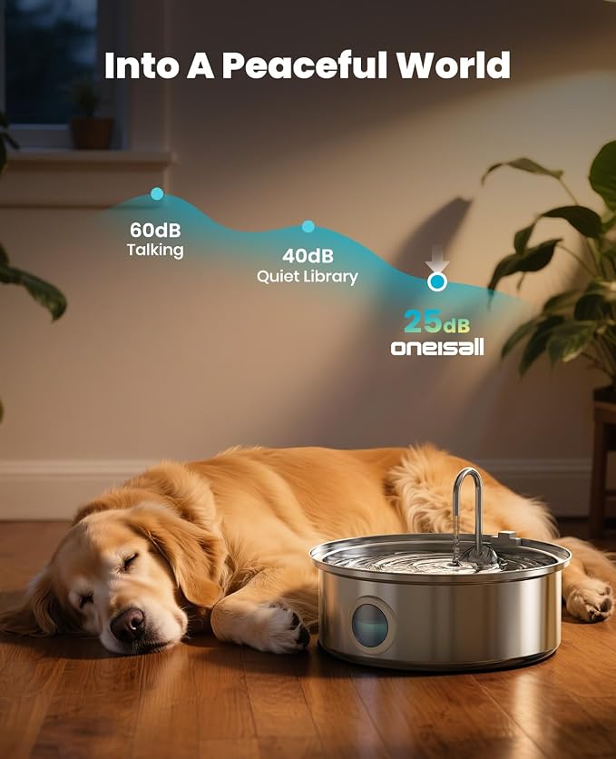 oneisall Dog Water Fountain,7L/230oz Pet Fountain Stainless Steel with Visual Water Level,Ultra-Quiet Water Bowl with 5-Stage Filtration for Large/Medium Dogs,Dispenser for Living Room Kitchen