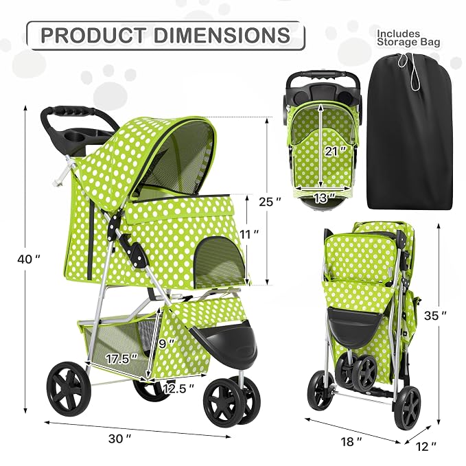 MoNiBloom 3-Wheel Foldable Pet Stroller - Lawn Green