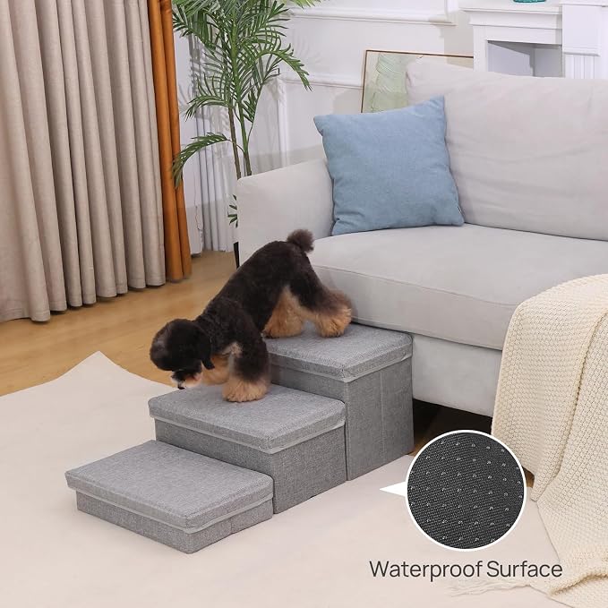 Foldable Dog Stairs/Steps 2-Tier Pet Steps Storage and Adjustable Steps for Small Medium Dogs Pet Steps Storage Stepper for High Beds Sofa Pet Dog Cat (3 Step-Light Grey)