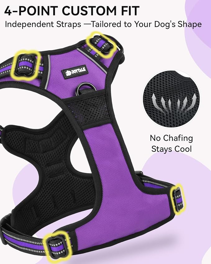 Joytale No Pull Dog Harness & Seat Belt, Easy On 3-Buckle, M, Purple | Front Clip Reduces Pulling, Escape-Resistant Design, Adjustable Fit, Soft Padding for Comfort, Secure Tether for Safer Travel