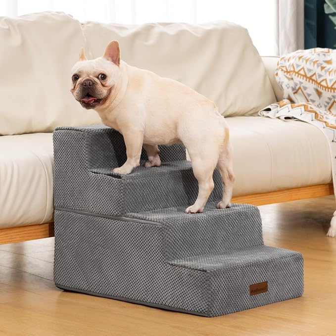 Aodisman Dog Stairs for Bed 18.5" H, 4-Step Dog Steps for Small Dogs and Cats, Indoor Non-Slip Balanced Pet Stairs are Suitable for Puppy, Older Cat,Gery