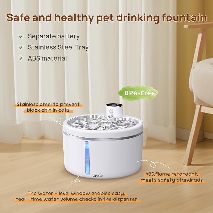 Wireless Cat Water Fountain [with Stainless Steel Tray], 102oz/3L Pet Fountain for Cats Inside, Cat Fountain for Drinking with Motion Sensor, Ultra Quiet for Small Animals-[BPA-Free] (102oz+2Filters)