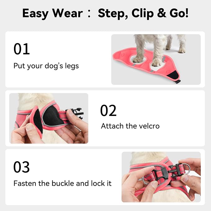 Joytale Step-in Dog Harness, Soft Breathable Mesh, Pink L | Adjustable Fit for Small Dogs, Easy Step-in with Secure Fastener, Even Chest Pressure, Reflective For Night Safety, Washable