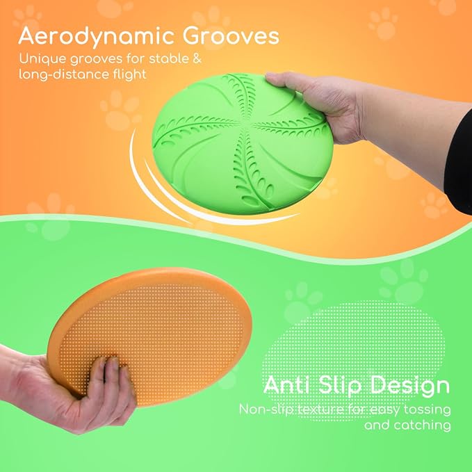 Nobleza 2 Pack Dog Flying Disc, 8in Interactive Flyer Dog Toys for Small Medium Large Dogs to Fetch, Durable Outdoor Dog Disc Toy for Long-Distance Flies and Floats on Water, Orange & Green