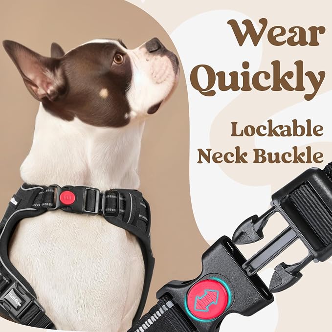 rabbitgoo Dog Harness for Large, Updated Easy On & Off with 3 Buckles | No Pull No Choke, Walking with 2 Clips and Handle, Adjustable Soft Reflective, Black, Large