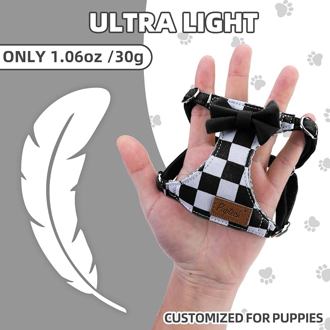 PUPTECK Dog Harness and Leash Set Small Sized, Lightweight Step-in Puppy Harness, Escape Proof No Pull Cute Pet Vest Harnesses, Black&White Checkered XXS
