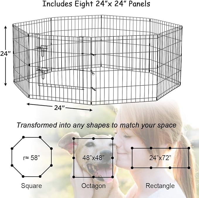 Artmeer Pet Playpen Puppy Playpen Kennels Dog Fence Exercise Pen Gate Fence Foldable Dog Crate 8 Panels 24 Inch Kennels Pen Playpen Options Ideal for Pet Animals Outdoor Indoor(Black 24''x24'')