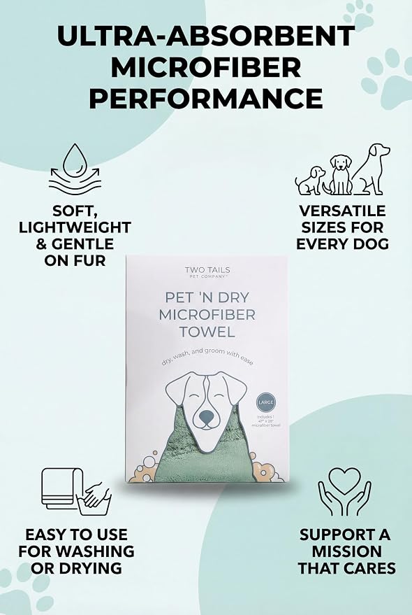 Two Tails Pet Company Pet N’ Dry Microfiber Bath Towel, Absorbent Dog Towels for Drying or Washing Large Dogs and Puppies, Soft and Lightweight, Fast Drying, Grooming Dog Supplies, Size Large