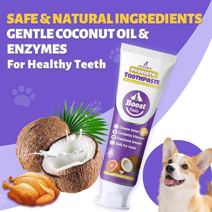 Vet Recommended Small Dog Teeth Brushing Kit 2.52oz + Natural Coconut Oil Dog & Cat Toothpaste for Fresh Breath 3.52oz