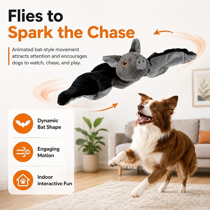 Flying Bat Dog Toy, Battery Operated Interactive Toy for Large Dogs (1PC) | Soft Plush Material, Motion Sensor Activation, Realistic Chirping and Flapping Sounds, USB Rechargeable, Indoor Pet Play