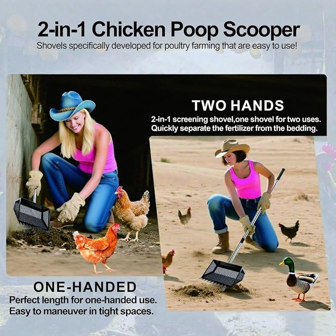 Chicken Poop Scooper & Rake 3-in-1, Metal Coop Shovel, Sand Sifting Shovel, Pet Waste Cleans. Litter Sifting Cleaning Tool with 35" to 62" Adjustable Stainless Steel Handlele