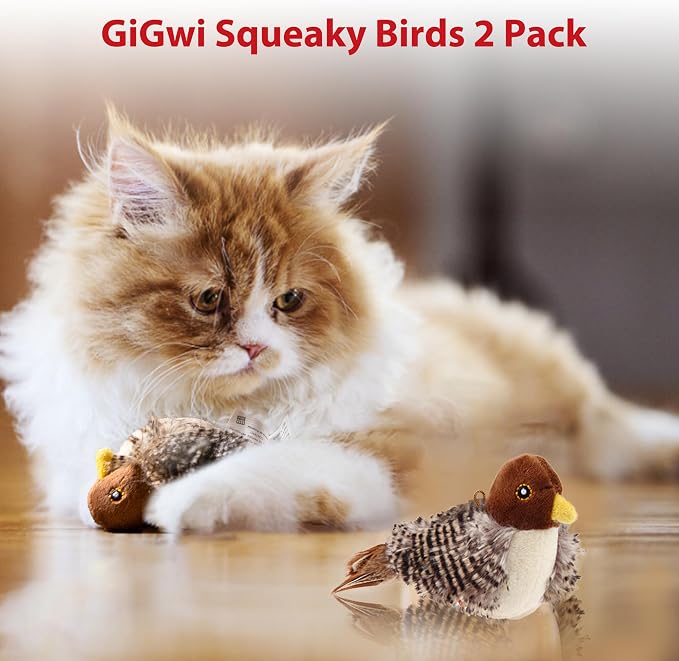 Gigwi Chirping Bird Cat Toys 2 Pack, Automatic Squeaky Toy for Cats | Interactive Cat Toys, Stimulate Hunting Instinct, Relieve Puppy Boredom, Touch Activated, Soft Plush, Safe Indoor Play