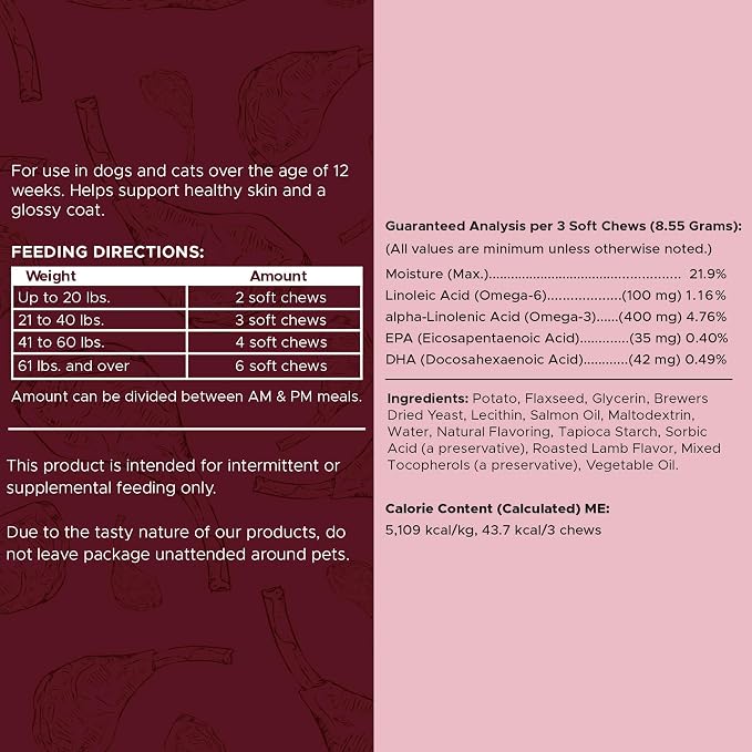 Omega 3 Fish Oil for Dogs, Lamb Flavor - 180 Soft Chews for Skin and Coat