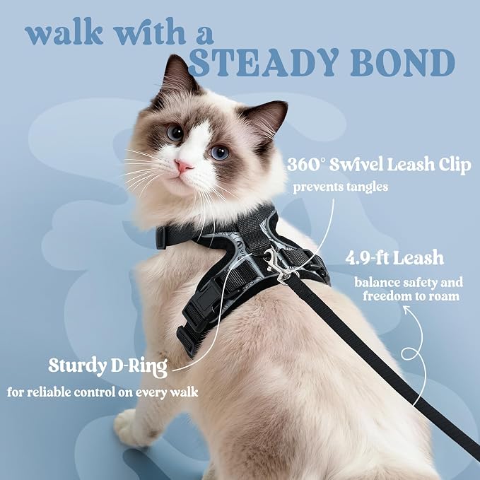 rabbitgoo Cat Harness and Leash Set, Escape Proof Vest, Doodle Gray | Soft Breathable Mesh, Easy Adjustable Fit, Snap Buckles, Sturdy Clip, Reflective Strips, for Medium to Large Cats Walks, M