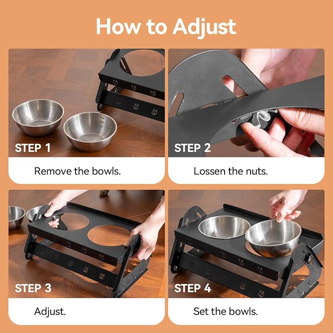 JUNSPOW Elevated Dog Bowls with 2 400ml Stainless Steel Bowls for Small Medium Dogs Cats, 3.35''-6.3'' Height Adjustable and 15° Tilted Adjustment Raised Stand, Lifted Pet Food & Water Feeder