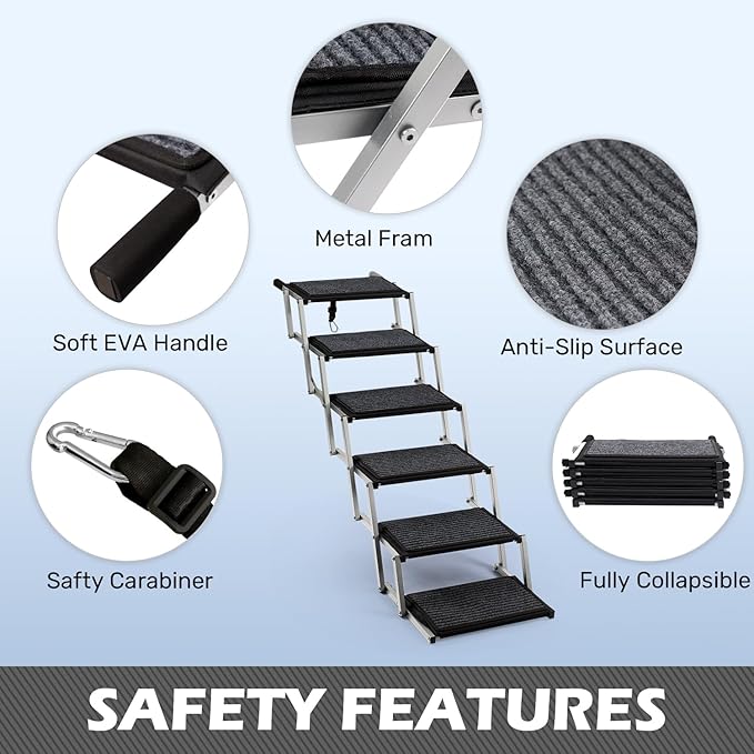 Dog Steps for Car, Truck and SUV - Foldable Pet Stairs for Large Dogs with Non-Slip Rug Surface, Lightweight Dog Ramp Holds Up to 250lbs, 6 Steps