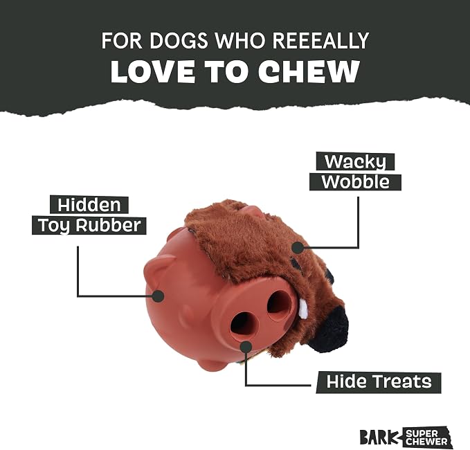 BARK Wild Borris Super Chewer Dog Toy Small | Rip & Reveal Natural Rubber Toy with Treat-Dispensing Core & Wacky Wobble
