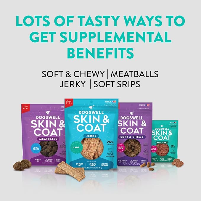 DOGSWELL Skin & Coat Mini Jerky Dog Treats, Salmon, 4 oz. Pouch