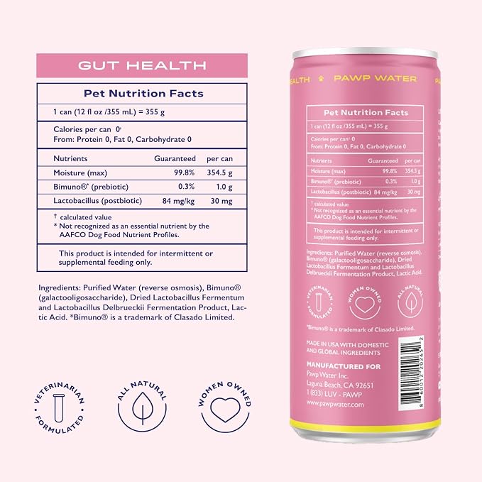 Gut Health Hydration for Dogs by PAWP WATER | Prebiotic & Postbiotic | Supports Digestion, Gut Balance & Immune Health | 6 Resealable 12 oz Cans