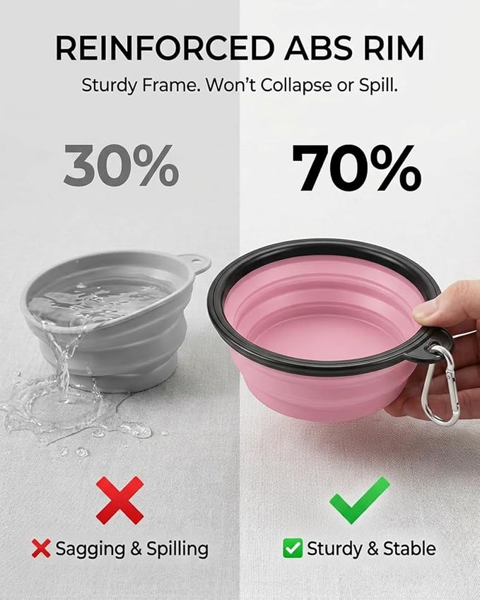Collapsible Dog Bowls, 2 Pack, with Carabiners, Grey & Pink, Large