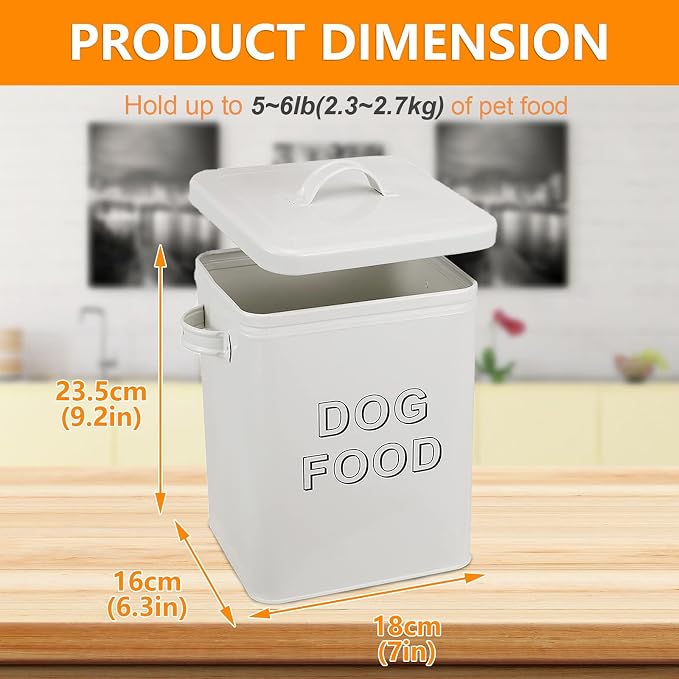 Pethiy airtight Dog Treat container bin and DOG Food Storage Tin with Lid With, 5 lbs, Carbon Steel, White