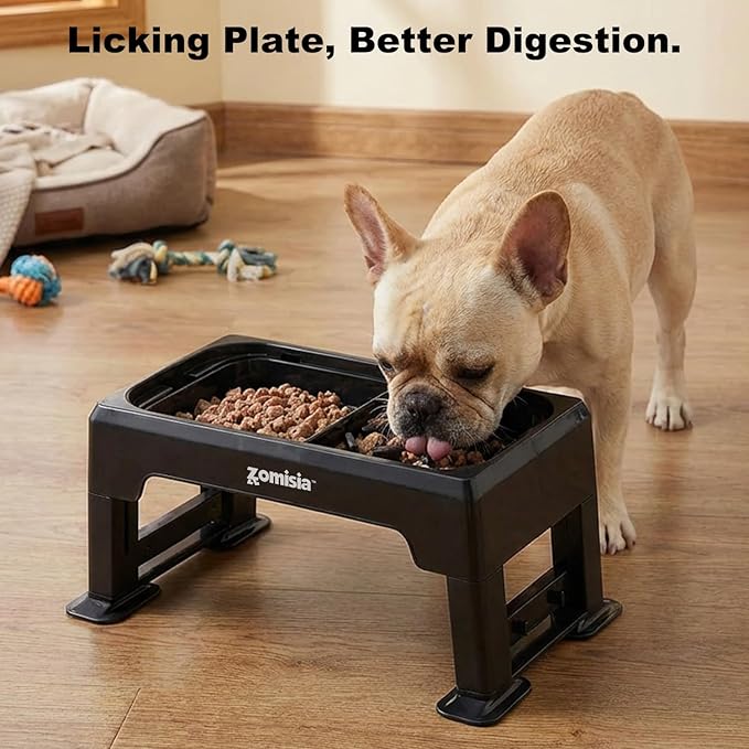 ZOMISIA 3-in-1 Elevated Dog Bowls - 6 Height Adjustable Raised Dog Bowl Stand, Double Deck Design Mess Proof, Feeding Station with 2 Stainless Steel Bowls & Licking Plate for Small Medium Large Pets