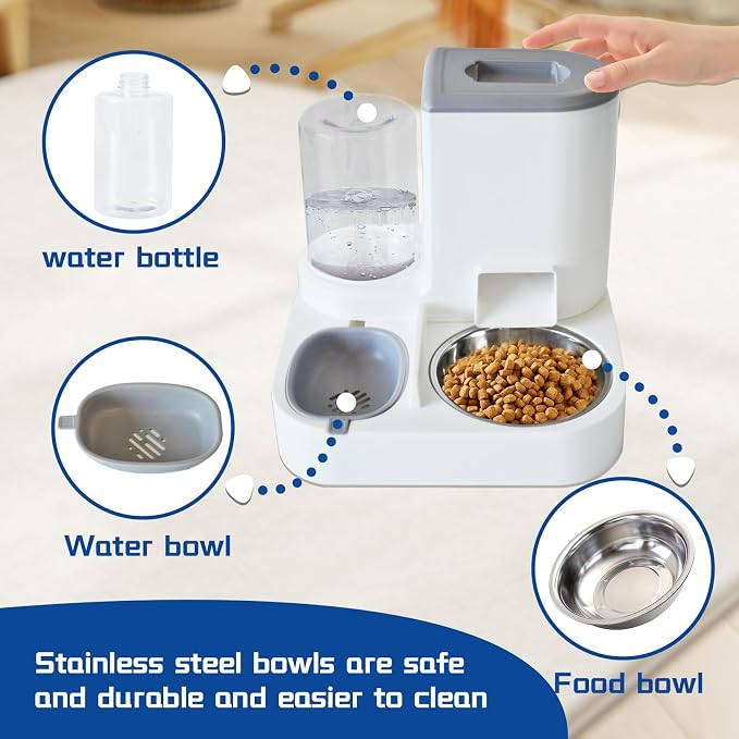 Automatic Cat Food and Water Dispenser Set 2 in 1, 2 in, Stainless Steel, Gray