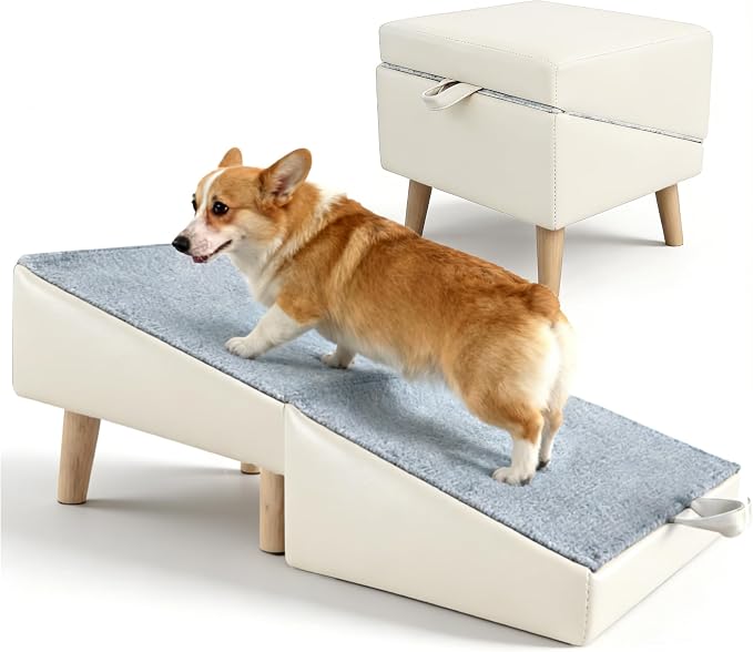 Dog Ramp for Couch Sofa and Low Bed, 15.7" W Foldable 2-in-1 Pet Steps & Ottoman, Non-Slip Wooden Pet Stairs for Small Senior Injured Dogs & Cats