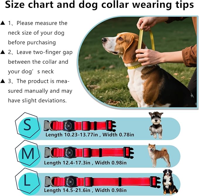 Reflective Tracker Dog Collar, Waterproof Dog Collar Tracking for Apple Find My (iOS Only) Smart Tracker Pet Collar for Small Medium Large Dogs (Red, M)