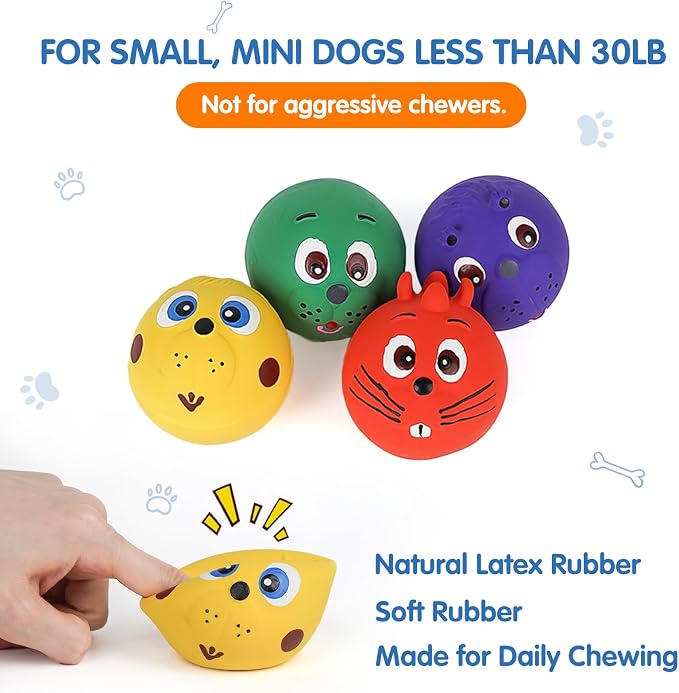 Dog Ball Toy, Smiley Face Squeaky Dog Toys Soft Dog Balls Latex Rubber Squeak Dog Toys for Small Medium Puppy Pet Dog (4 Pack)