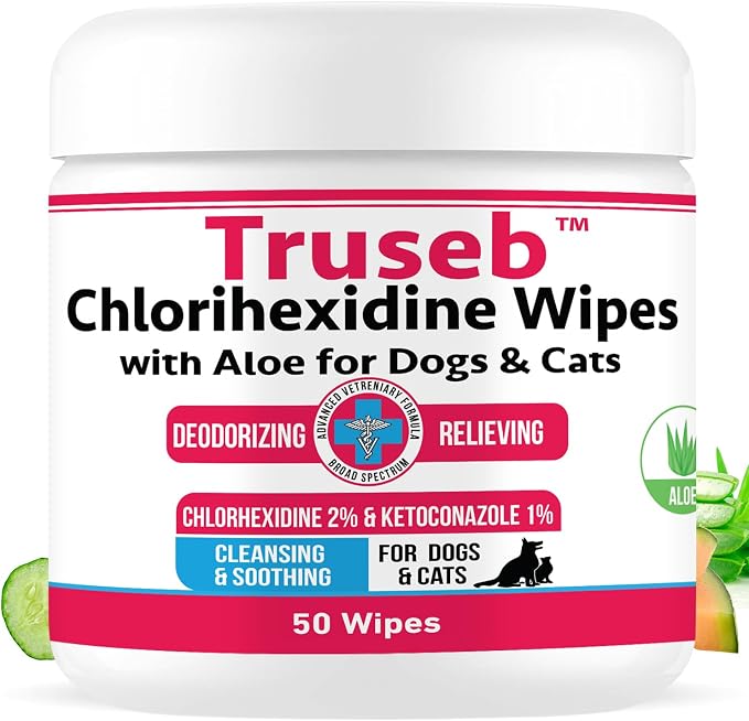 Pet Health Pharma Truseb Topical Ketoconazole and Chlorhexidine Wipes for Dogs, Cats and Horses - with Aloe for Cleansing - 50 Count (Ketoconazole & Chlorhexidine Wipes, 50 Count)