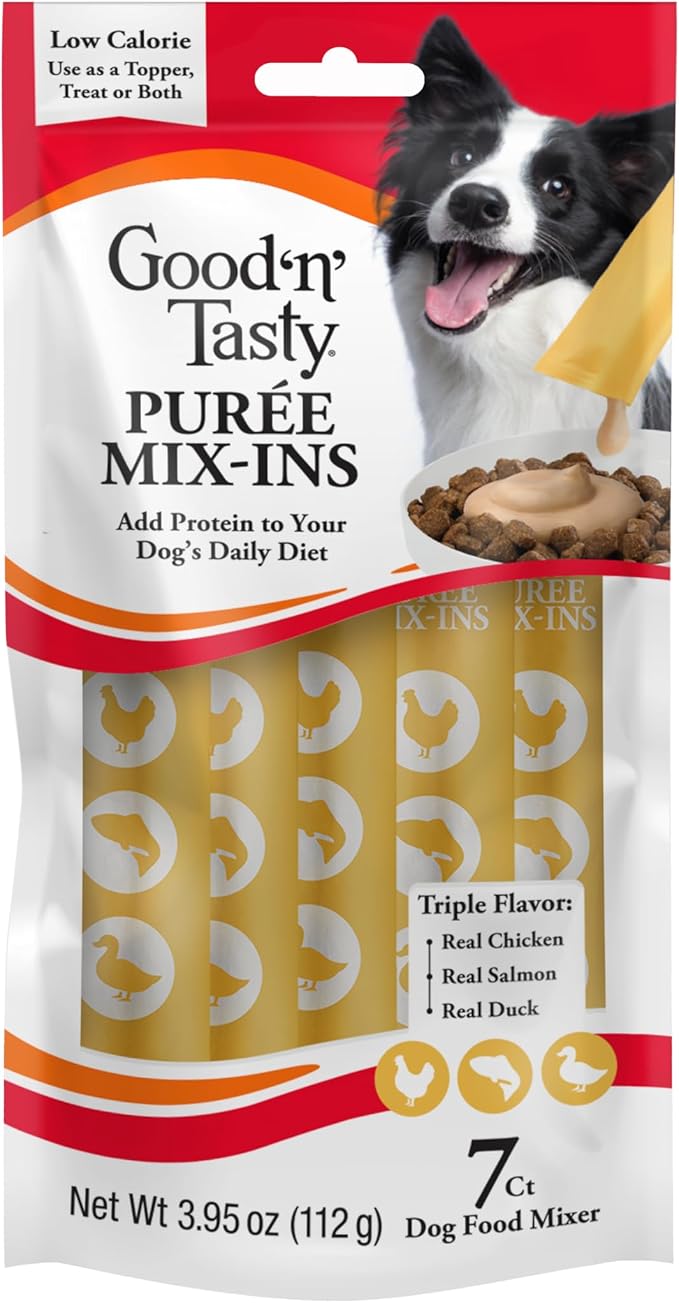 Good 'n' Tasty Triple Flavor Puree Mix-Ins Dog Food Topper Treats for All Dogs, 7 Count, Easy Single-Serve Portions, Added Protein with Chicken, Salmon and Duck