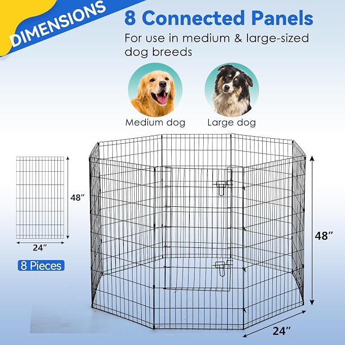 Pet Playpens for Dogs, Foldable Metal Wire Pet Fence Barrier, 8 Panels 48(H) Inches High with Door Exercise Pet Dog Pen, Indoor Outdoor Dog Gate for Large, Medium and Small Pets