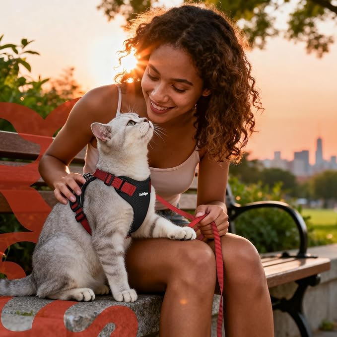 rabbitgoo Cat Harness and Leash Set, Escape Proof Vest, Black & Red | Soft Breathable Mesh, Easy Adjustable Fit, Snap Buckles, Sturdy Clip, Reflective Strips, for Medium to Large Cats Walks, M