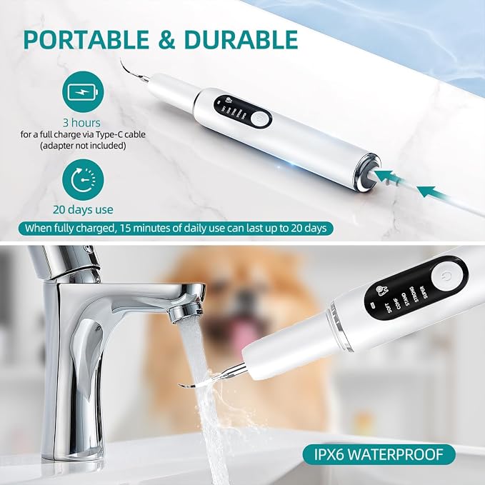 Dog Teeth Cleaning Kit Dog Plaque and Tartar Remover with LED Light 5 Adjustable Modes Electric Toothbrush Pet Teeth Cleaner for Dogs and Cats (White)