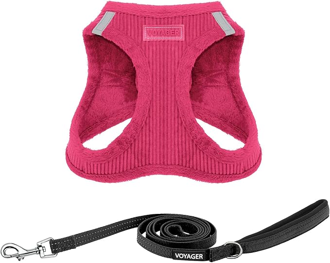 Best Pet Supplies Voyager Step-in Plush Dog Harness - Soft, Step in Vest Harness and Reflective Dog 5 ft Leash Combo with Neoprene Handle for Small and Medium Dogs, Fuchsia Corduroy, XL