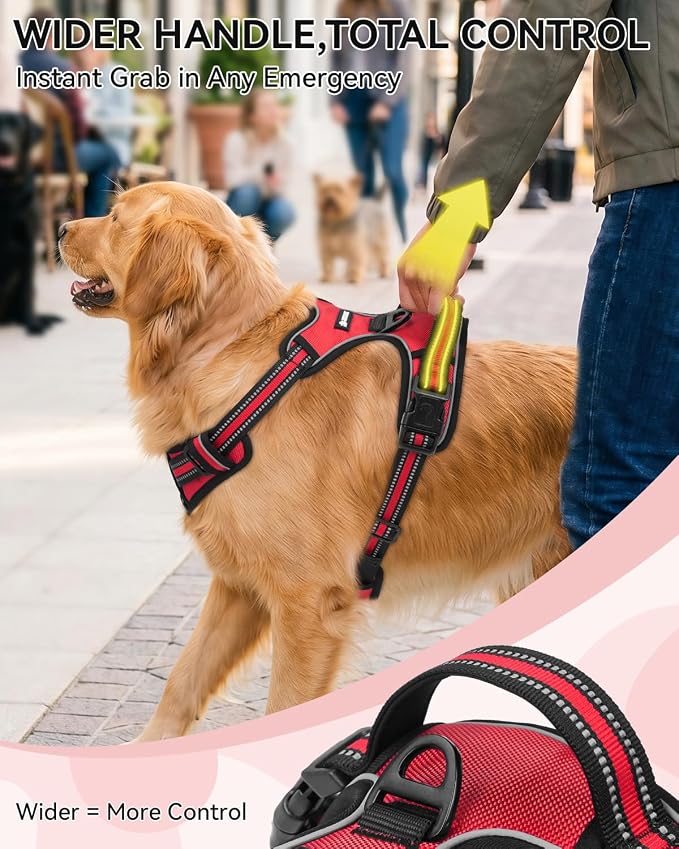 Joytale No Pull Dog Harness & Seat Belt, Easy On 3-Buckle, L, Red | Front Clip Reduces Pulling, Escape-Resistant Design, Adjustable Fit, Soft Padding for Comfort, Secure Tether for Safer Travel