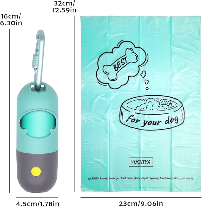Dog Poop Waste Bags Holder with LED Flashlight|Cute Doggie Poo Bags Dispenser for Pet Leash|Trash Waste Bags Carrier with Potty Bags Clip Fastener LR44 Button Cells Included(2 Pack) (Crystal Blue)