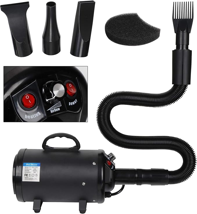 ZENY Dog Dryer, Pet Grooming Blower with Heater for Cat/Dog, 2400W Speed-Adjustable Pet Hair Dryer, with 4 Different Nozzles + 2 Filter, Black
