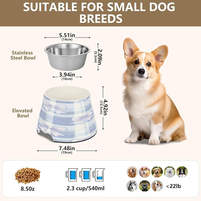 Blueangle Elevated Dog Bowls with Stainless Steel - Non-Slip 2.3 Cup High Capacity Pet Dish for Spinal Health & Blue Bows Plaid Design（551）