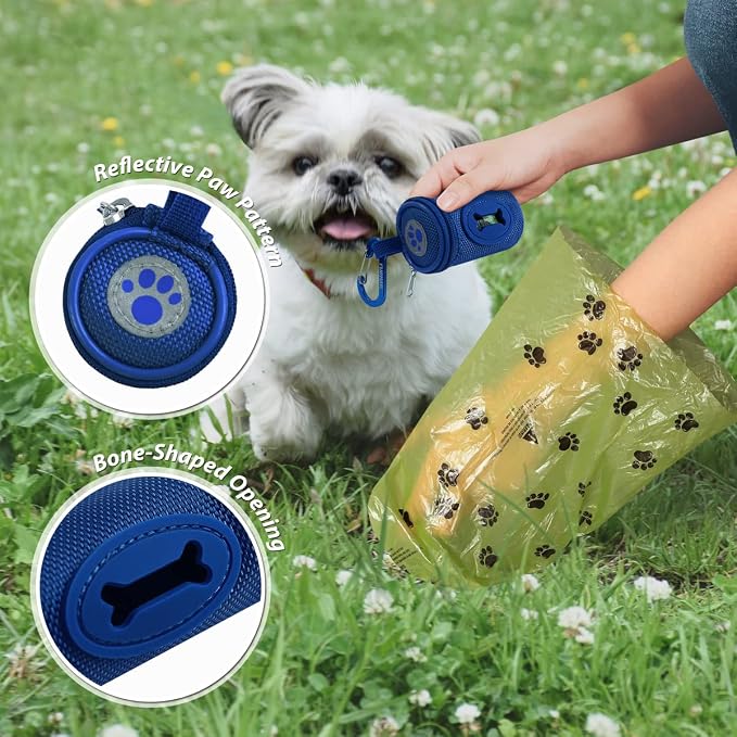 FURHAB Dog Poop Bag Holder for Leash Doggie Waste Bag Dispenser Soft Fabric Puppy Potty Carrier Small Doggy Zipper Pouch with Carabiner Clip 1680D Nylon Oxford with 1 Roll of Pet Trash Bag, Royal Blue